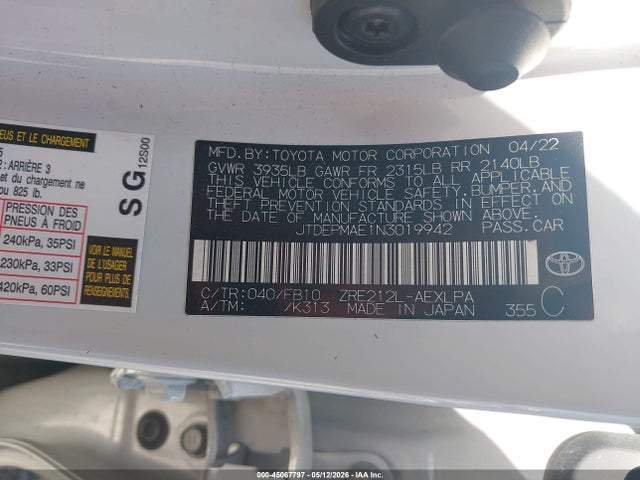 Aukcja sprzedaży 2022 Toyota Corolla Le, vin: JTDEPMAE1N3019942, numer aukcji: 45067797