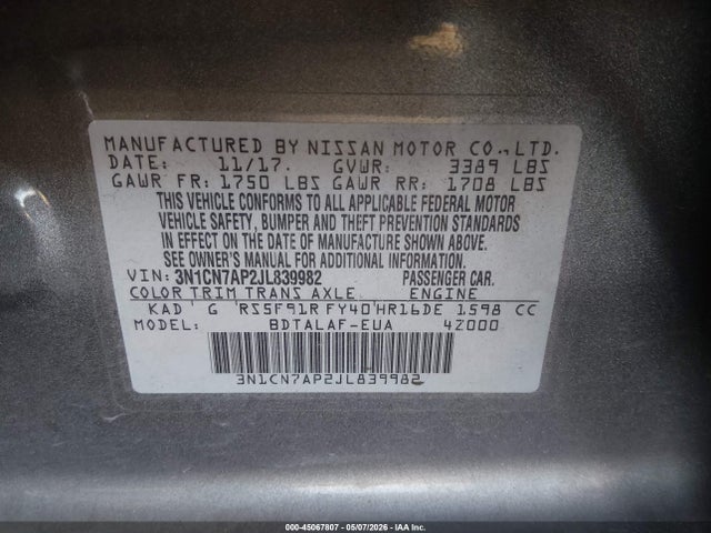 3N1CN7AP2JL839982 Nissan Versa 1.6 S