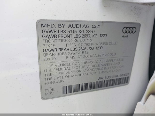 Продажа на аукционе авто 2021 Audi Q3 Premium Plus 40 Tfsi Quattro Tiptronic, vin: WA1BUCF34M1109037, номер лота: 45067808