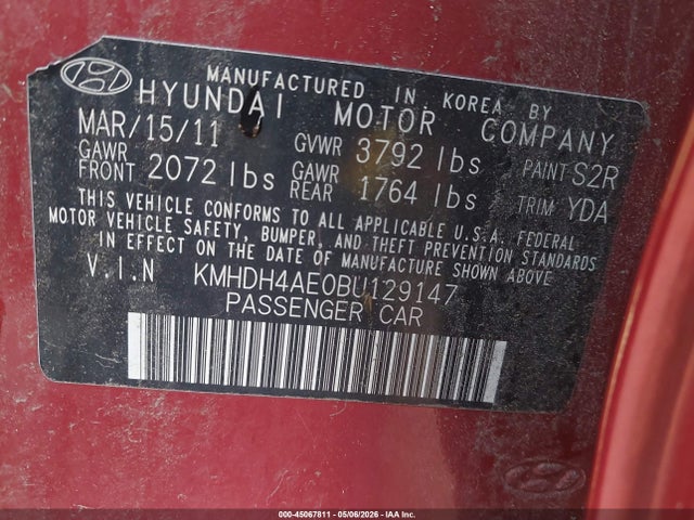 2011 Hyundai Elantra Gls (ulsan Plant) მანქანა იყიდება აუქციონზე, vin: KMHDH4AE0BU129147, აუქციონის ნომერი: 45067811