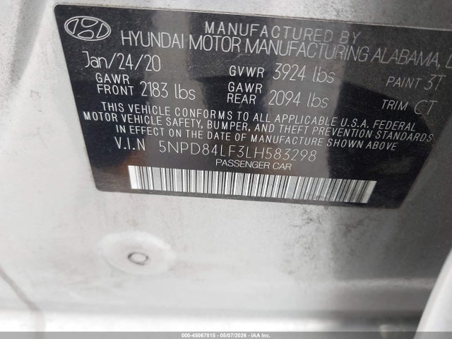 5NPD84LF3LH583298 Hyundai ELANTRA SEL
