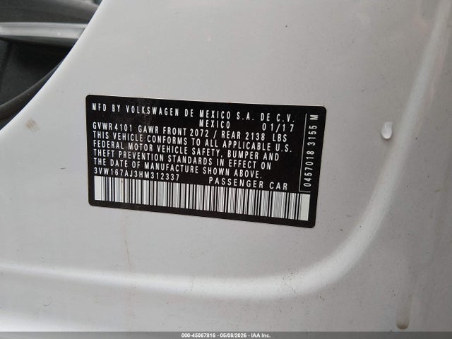Aukcja sprzedaży 2017 Volkswagen Jetta 1.4t S, vin: 3VW167AJ3HM312337, numer aukcji: 45067816