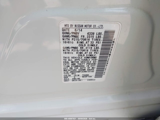 Aukcja sprzedaży 2014 Nissan Rogue Select S, vin: JN8AS5MT2EW618140, numer aukcji: 45067821