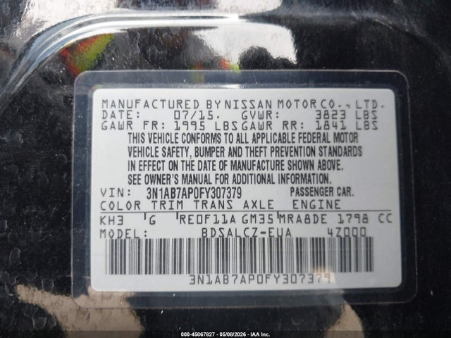 45067827 :رقم المزاد ، 3N1AB7AP0FY307379 vin ، 2015 Nissan Sentra S مزاد بيع