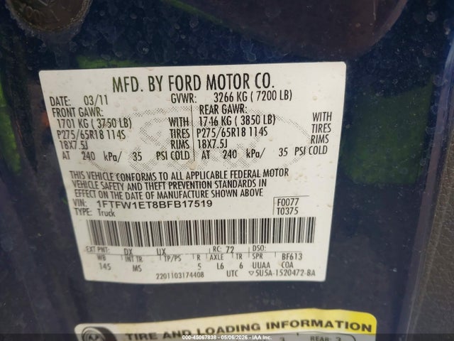 45067838 :رقم المزاد ، 1FTFW1ET8BFB17519 vin ، 2011 Ford F-150 Xlt مزاد بيع