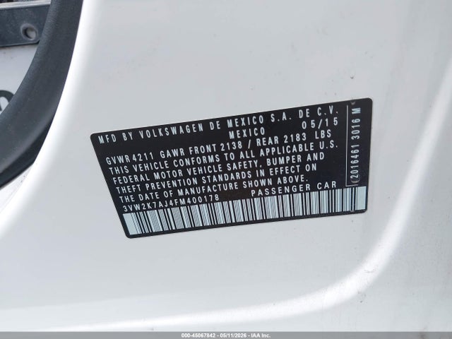 45067842 :رقم المزاد ، 3VW2K7AJ4FM400178 vin ، 2015 Volkswagen Jetta 2.0l S مزاد بيع