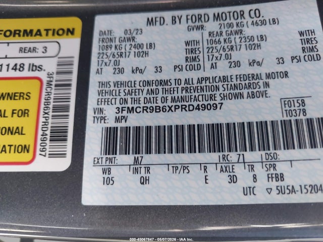 Продажа на аукционе авто 2023 Ford Bronco Sport Big Bend, vin: 3FMCR9B6XPRD49097, номер лота: 45067847