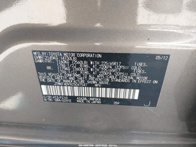 2012 Toyota Rav4 მანქანა იყიდება აუქციონზე, vin: JTMKF4DVXC5047547, აუქციონის ნომერი: 45067856