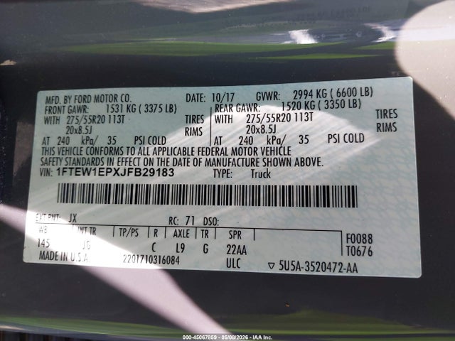 45067859 :رقم المزاد ، 1FTEW1EPXJFB29183 vin ، 2018 Ford F-150 Xl مزاد بيع