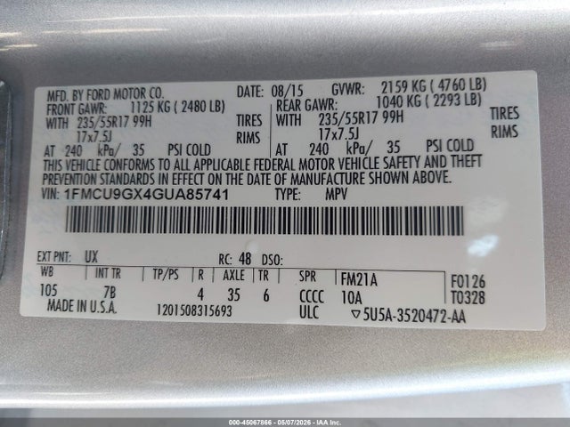 45067866 :رقم المزاد ، 1FMCU9GX4GUA85741 vin ، 2016 Ford Escape Se مزاد بيع