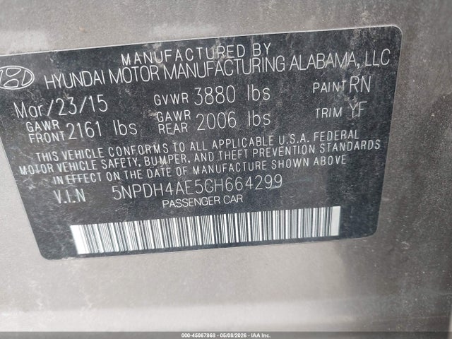 Продаж на аукціоні авто 2016 Hyundai Elantra Se, vin: 5NPDH4AE5GH664299, номер лоту: 45067868