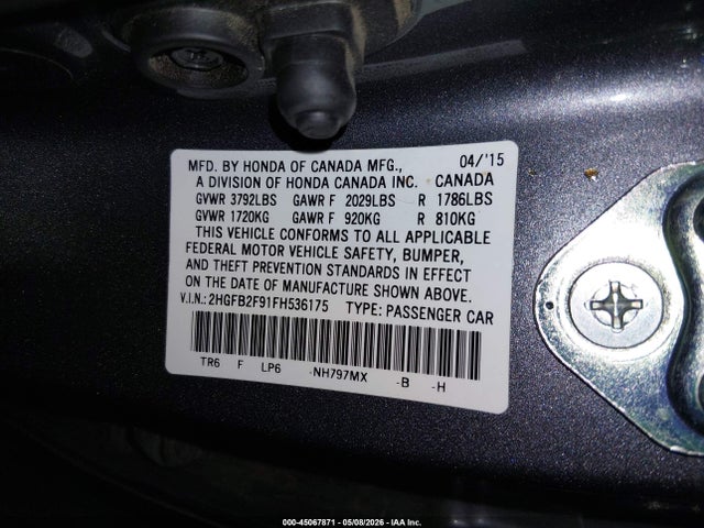 Aukcja sprzedaży 2015 Honda Civic Ex-l, vin: 2HGFB2F91FH536175, numer aukcji: 45067871