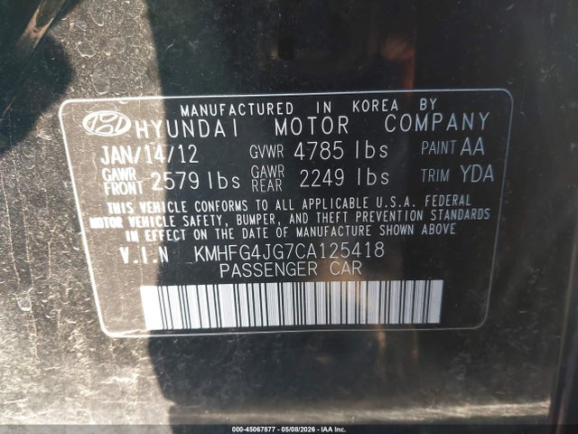 Aukcja sprzedaży 2012 Hyundai Azera, vin: KMHFG4JG7CA125418, numer aukcji: 45067877