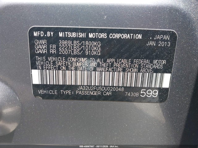 45067887 :رقم المزاد ، JA32U2FU5DU020048 vin ، 2013 Mitsubishi Lancer Es مزاد بيع