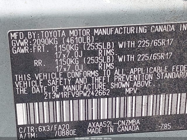 45067890 :رقم المزاد ، 2T3W1RFV9PW242662 vin ، 2023 Toyota Rav4 Xle مزاد بيع