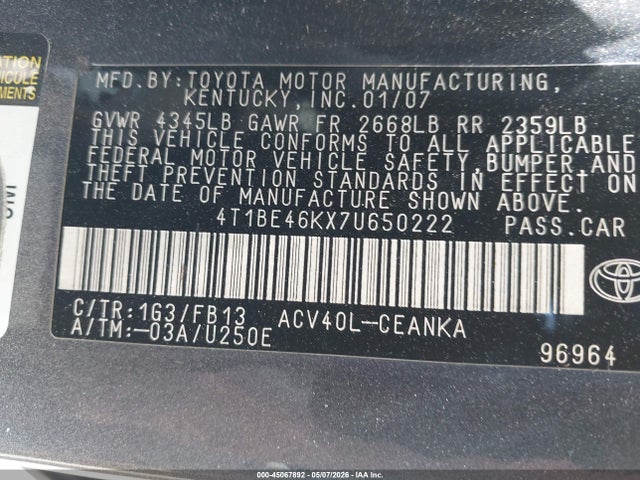 Aukcja sprzedaży 2007 Toyota Camry Le, vin: 4T1BE46KX7U650222, numer aukcji: 45067892