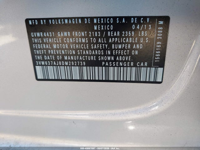 Aukcja sprzedaży 2013 Volkswagen Jetta Hybrid Sel, vin: 3VW637AJ8DM292739, numer aukcji: 45067897