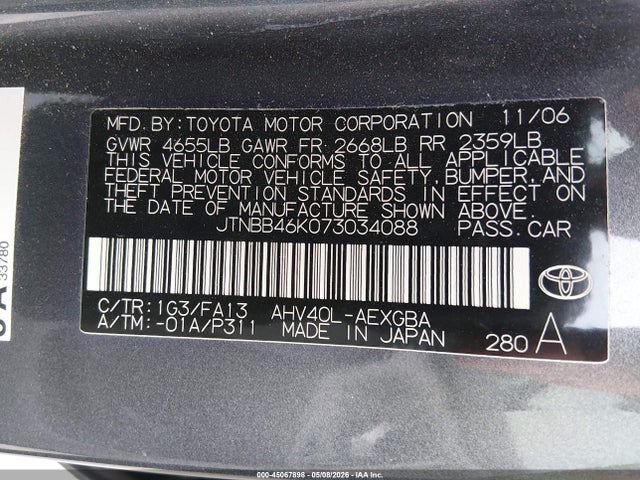 Aukcja sprzedaży 2007 Toyota Camry Hybrid, vin: JTNBB46K073034088, numer aukcji: 45067898