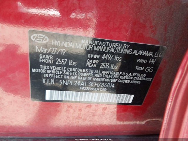 Auction sale of the 2019 Hyundai Sonata Se, vin: 5NPE24AF3KH786814, lot number: 45067903