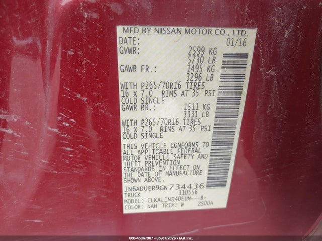2016 Nissan Frontier S მანქანა იყიდება აუქციონზე, vin: 1N6AD0ER9GN734436, აუქციონის ნომერი: 45067907