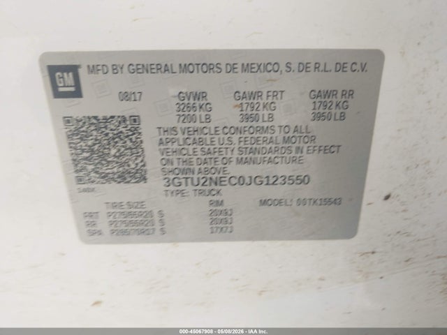 Aukcja sprzedaży 2018 Gmc Sierra 1500 Slt, vin: 3GTU2NEC0JG123550, numer aukcji: 45067908