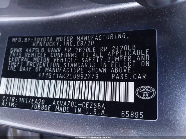45067912 :رقم المزاد ، 4T1G11AK2LU992779 vin ، 2020 Toyota Camry Se مزاد بيع