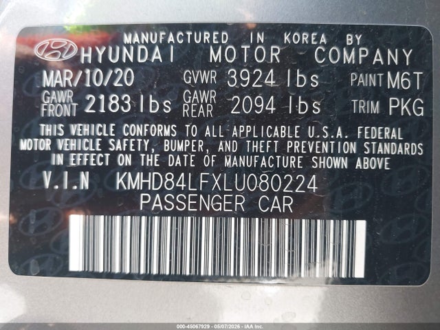 Продаж на аукціоні авто 2020 Hyundai Elantra Value Edition, vin: KMHD84LFXLU080224, номер лоту: 45067929