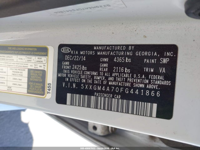 45067933 :رقم المزاد ، 5XXGM4A70FG441866 vin ، 2015 Kia Optima Lx مزاد بيع