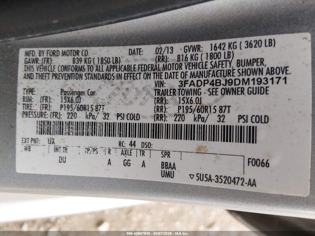 2013 Ford Fiesta Se მანქანა იყიდება აუქციონზე, vin: 3FADP4BJ9DM193171, აუქციონის ნომერი: 45067935