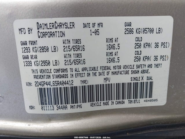Aukcja sprzedaży 2005 Dodge Grand Caravan Sxt, vin: 2D4GP44L65R404412, numer aukcji: 45067946
