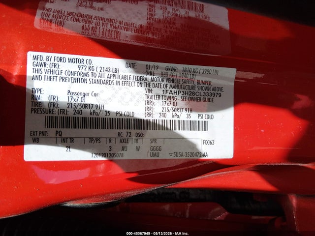 2012 Ford Focus Sel მანქანა იყიდება აუქციონზე, vin: 1FAHP3H28CL333979, აუქციონის ნომერი: 45067949