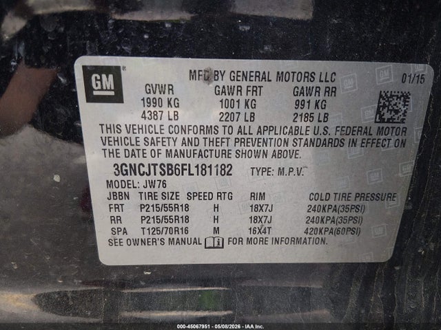 Chevrolet TRAX LTZ 2015 3GNCJTSB6FL181182 Image 9