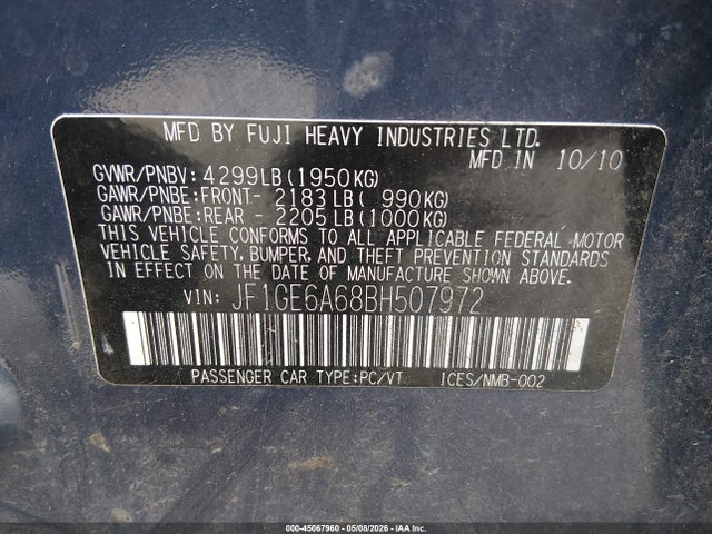 Продажа на аукционе авто 2011 Subaru Impreza 2.5i, vin: JF1GE6A68BH507972, номер лота: 45067960