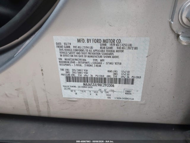 45067963 :رقم المزاد ، MAJ6S3JL9KC293306 vin ، 2019 Ford Ecosport Ses مزاد بيع
