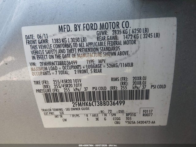 45067964 :رقم المزاد ، 2FMHK6CT3BBD36499 vin ، 2011 Ford Flex Sel مزاد بيع