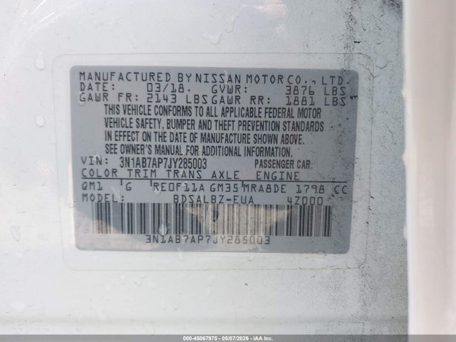 2018 Nissan Sentra S მანქანა იყიდება აუქციონზე, vin: 3N1AB7AP7JY285003, აუქციონის ნომერი: 45067975