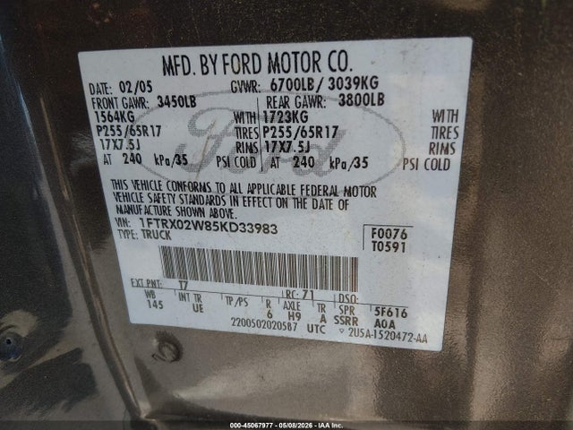 Продаж на аукціоні авто 2005 Ford F150, vin: 1FTRX02W85KD33983, номер лоту: 45067977