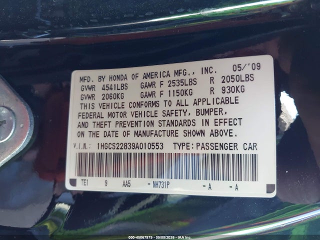 Продажа на аукционе авто 2009 Honda Accord 3.5 Ex-l, vin: 1HGCS22839A010553, номер лота: 45067979