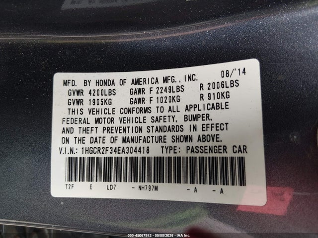 Продажа на аукционе авто 2014 Honda Accord Lx, vin: 1HGCR2F34EA304418, номер лота: 45067982