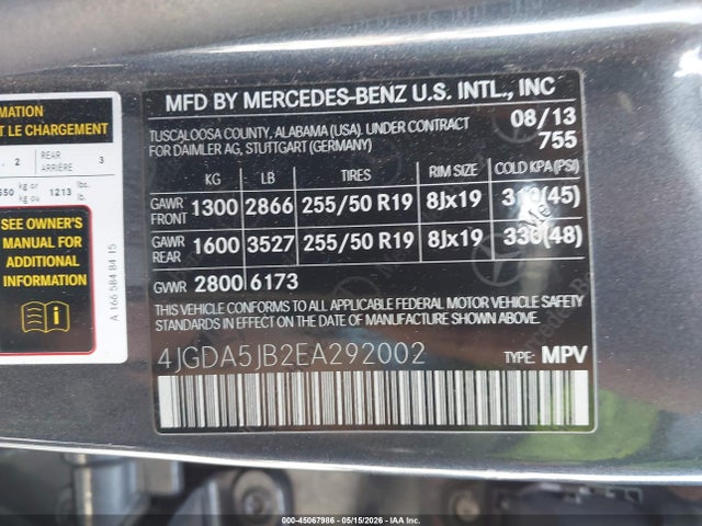 Продаж на аукціоні авто 2014 Mercedes-benz Ml 350, vin: 4JGDA5JB2EA292002, номер лоту: 45067986