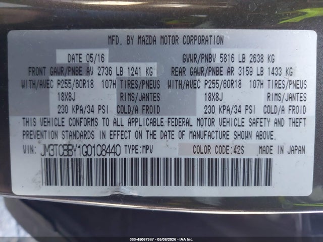 Продаж на аукціоні авто 2016 Mazda Cx-9 Sport, vin: JM3TCBBY1G0108440, номер лоту: 45067987