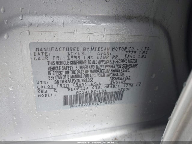 Продаж на аукціоні авто 2013 Nissan Sentra Sv, vin: 3N1AB7APXDL798358, номер лоту: 45067991
