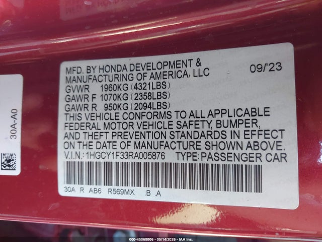 1HGCY1F33RA005876 Honda ACCORD EX