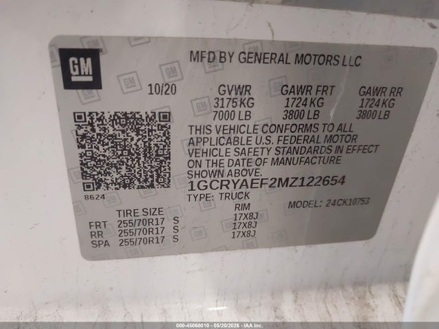 1GCRYAEF2MZ122654 Chevrolet Silverado 1500 4wd Standard Bed Wt