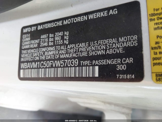 2015 Bmw X1 Sdrive28i მანქანა იყიდება აუქციონზე, vin: WBAVM1C50FVW57039, აუქციონის ნომერი: 45068012