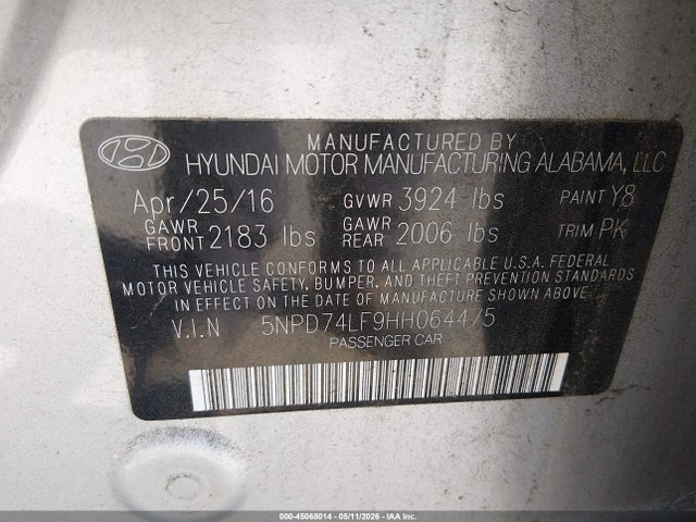 45068014 :رقم المزاد ، 5NPD74LF9HH064475 vin ، 2017 Hyundai Elantra Se مزاد بيع