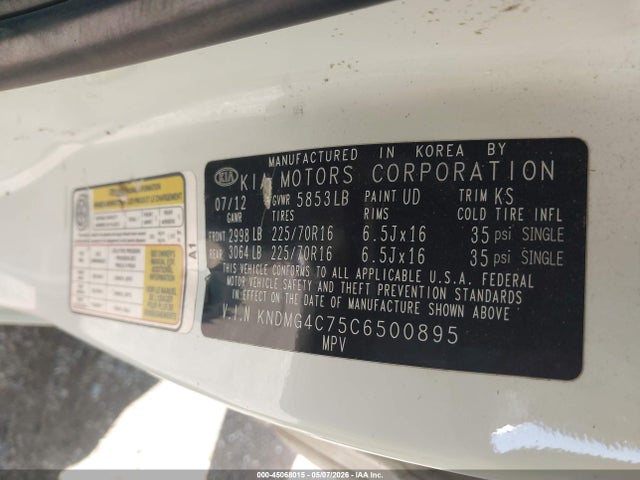 45068015 :رقم المزاد ، KNDMG4C75C6500895 vin ، 2012 Kia Sedona Lx مزاد بيع
