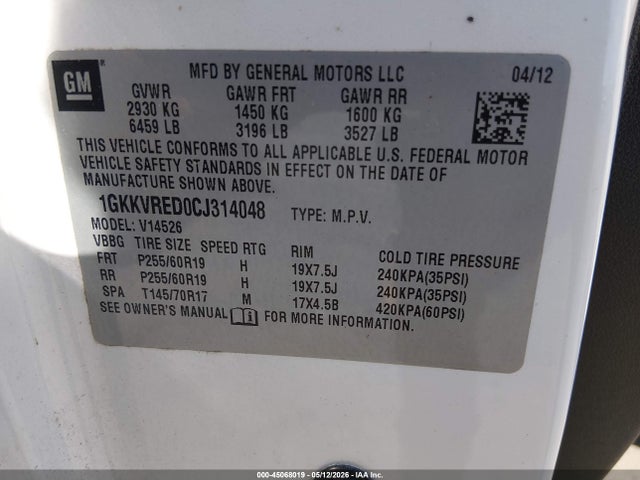 Aukcja sprzedaży 2012 Gmc Acadia Slt-1, vin: 1GKKVRED0CJ314048, numer aukcji: 45068019