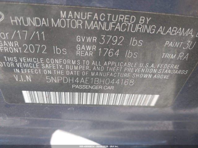 45068034 :رقم المزاد ، 5NPDH4AE1BH044168 vin ، 2011 Hyundai Elantra Gls مزاد بيع