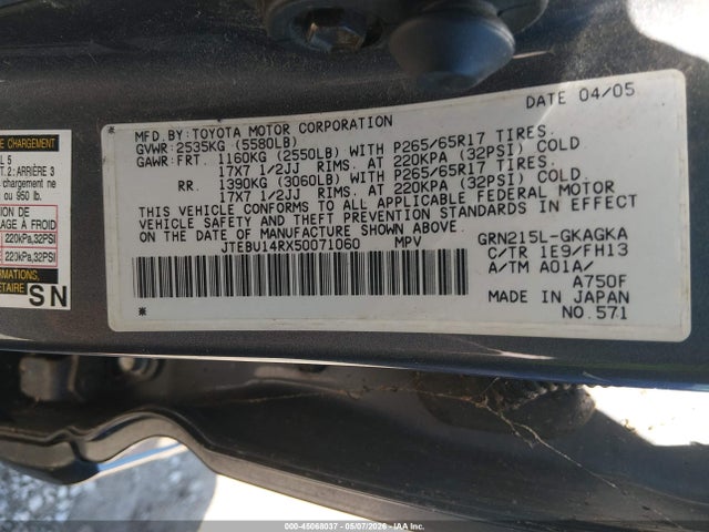Aukcja sprzedaży 2005 Toyota 4runner Sr5 Sport V6, vin: JTEBU14RX50071060, numer aukcji: 45068037